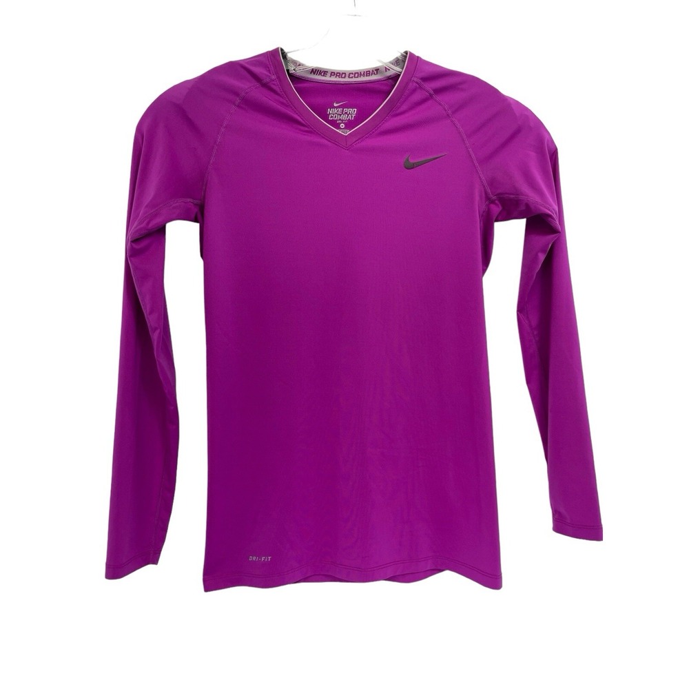 NIKE Pro Combat Womens Sz Medium Purple V-neck L/S Shirt (Q6)‎ EUC